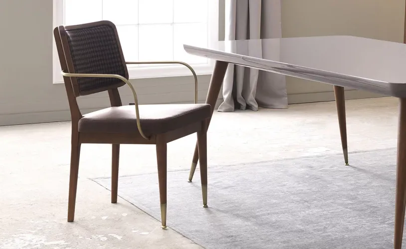 Dark Brown Walnut upholstered Wooden Luxury Dining Armchair with Patterned Fabric Back & Brass Accents by Luxury Group International