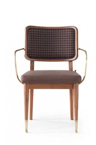 Dark Brown Walnut upholstered Wooden Luxury Dining Armchair with Patterned Fabric Back & Brass Accents by Luxury Group International