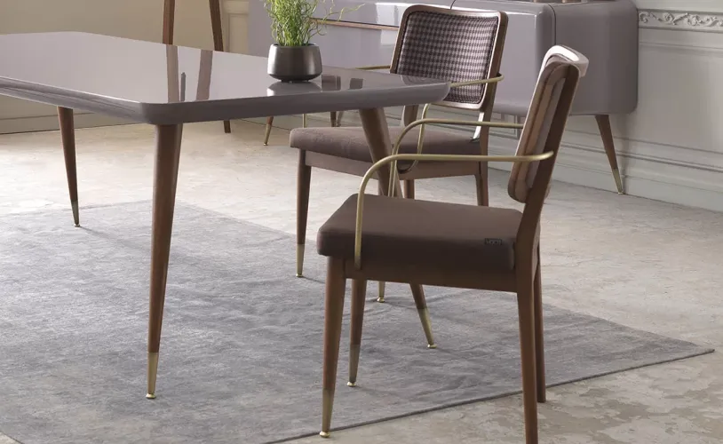 Dark Brown Walnut upholstered Wooden Luxury Dining Armchair with Patterned Fabric Back & Brass Accents by Luxury Group International
