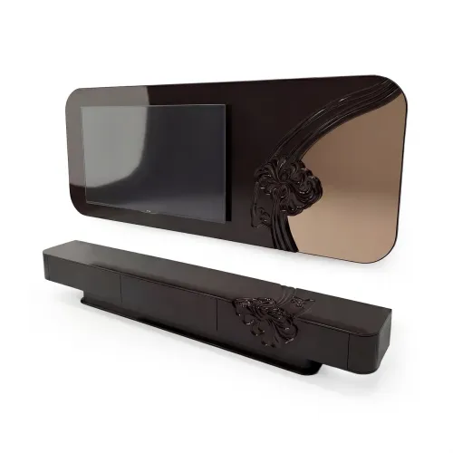 Mobile TV di Lusso in Legno Marrone Scuro con Design Floreale Intagliato di Luxury Group International