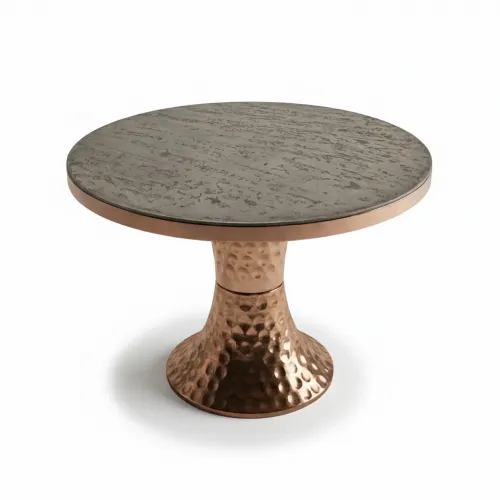 Dark gray marble round top luxury modern dining table with rose gold base by Luxury Group International