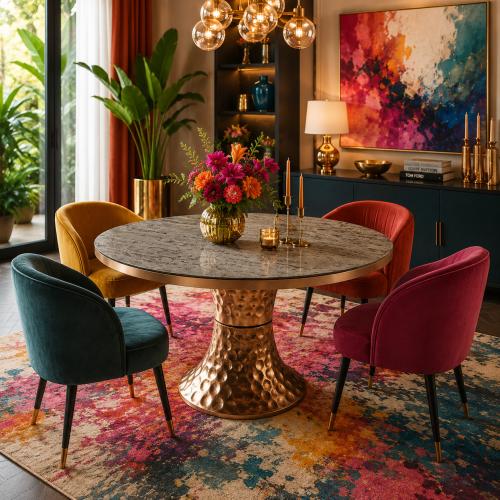 Dark gray marble round top luxury modern dining table with rose gold base by Luxury Group International