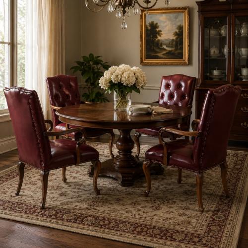 Deep Tufted Chesterfield Luxury Leather Armchair with Sculpted Wooden Arms - Dining Room Furniture Lifestyle View by Luxury Group International