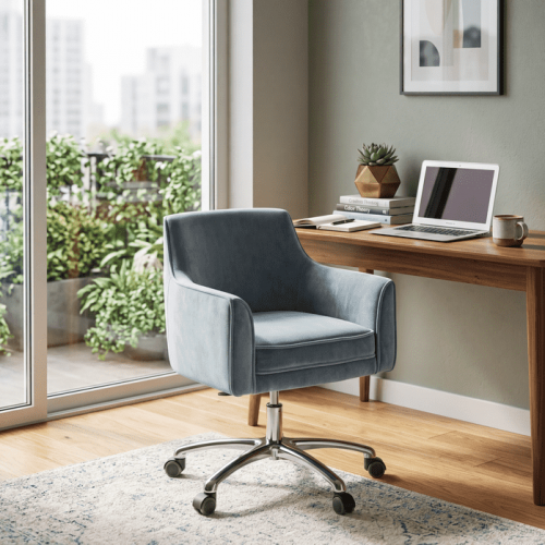 Poltrona Direzionale Imbottita di Lusso in Velluto Blu Polvere con Base Girevole Cromata Regolabile - Arredamento Ufficio Vista lifestyle di Luxury Group International