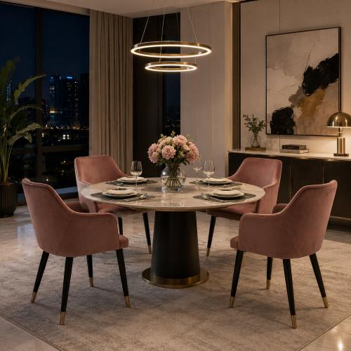 Dusty Rose Velvet Luxury Dining Armchair with Open-Back & Copper-Tipped Legs Lifestyle View by Luxury Group International