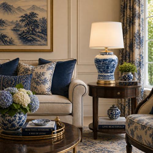 Elegante Lampada da Tavolo Classica di Lusso in Ceramica Lucida Blu e Bianca con Corpo Blu-Bianco di Luxury Group International