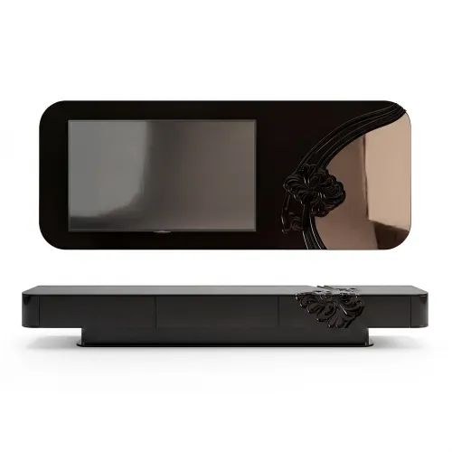 Dark Brown Wooden Luxury TV Unit With Craved Floral Design by Luxury Group International