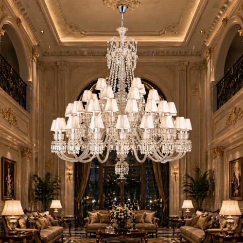 Elegant 48-Lights Glamorous Luxury Chandelier in Clear Glass Crystal with White Bell Shades by Luxury Group International
