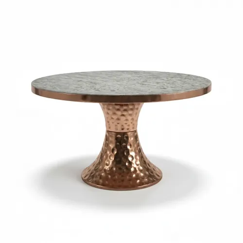 Dark gray marble round top luxury modern dining table with rose gold base by Luxury Group International
