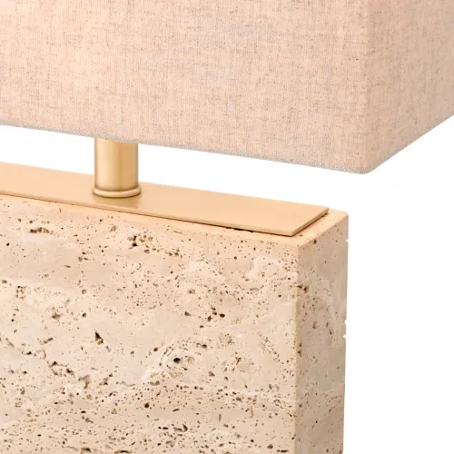 Lampada Moderna Elegante di Lusso in Travertino Beige con Ottone Anticato e Paralume in Lino di Luxury Group International
