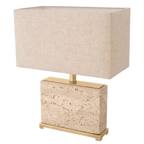 Lampada Moderna Elegante di Lusso in Travertino Beige con Ottone Anticato e Paralume in Lino di Luxury Group International
