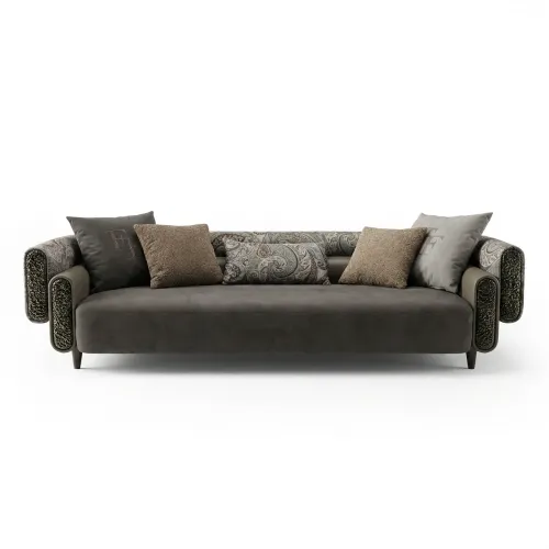 Elegant Luxury Sofa in Brown & Beige Charcoal Matte Fabric with Paisley Arms by Luxury Group International