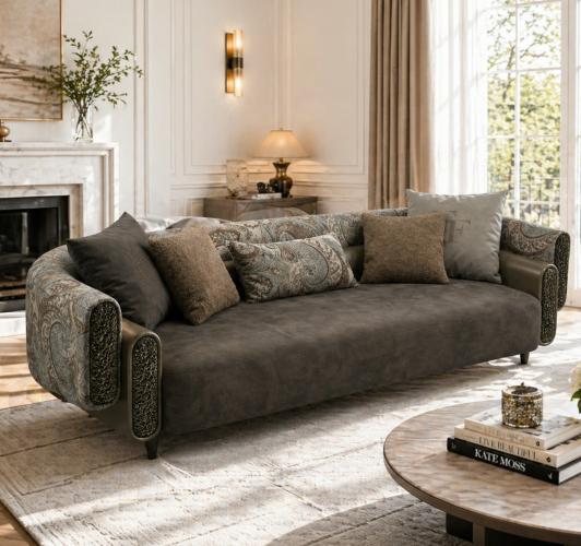 Elegant Luxury Sofa in Brown & Beige Charcoal Matte Fabric with Paisley Arms by Luxury Group International