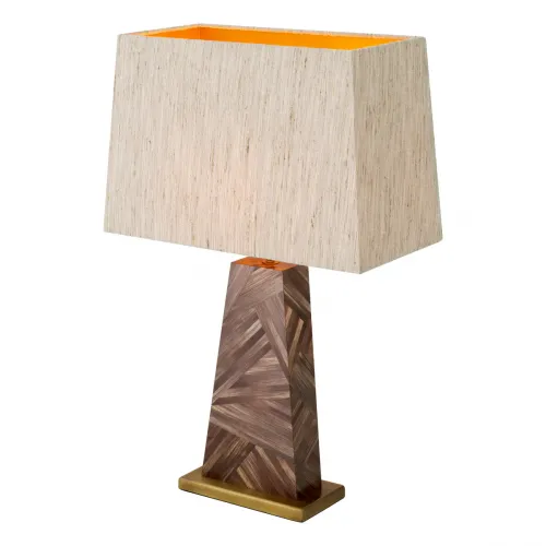 Elegante Lampada da Tavolo di Lusso in Stile Mid-Century Beige Chiaro con Colonna in Legno Parquet Geometrico di Luxury Group International