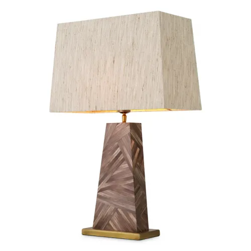 Elegante Lampada da Tavolo di Lusso in Stile Mid-Century Beige Chiaro con Colonna in Legno Parquet Geometrico di Luxury Group International