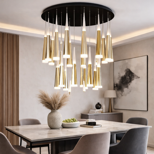 Elegante Lampadario Moderno di Lusso in Oro con Paralumi a Tubo Appesi di Luxury Group International
