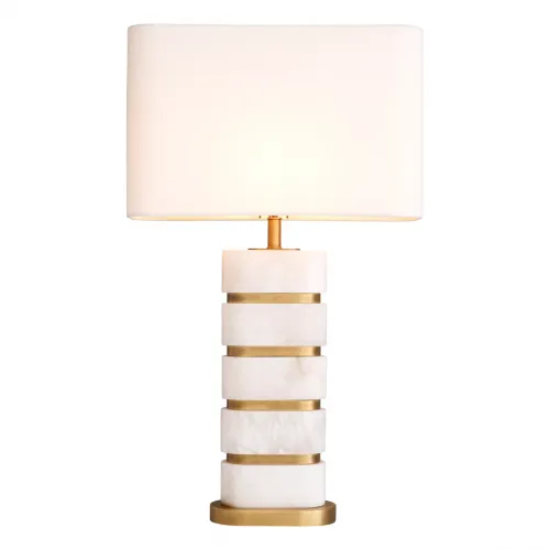 Elegante lampada da tavolo moderna di lusso in marmo bianco avorio con paralume a tamburo e fasce in ottone di Luxury Group International