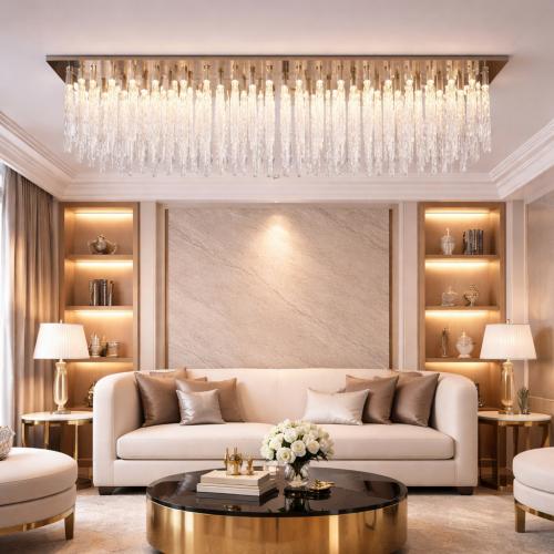 Elegant Modern Rectangular Luxury Chandelier in Clear Glossy Glass with Crystal Prisms by Luxury Group International