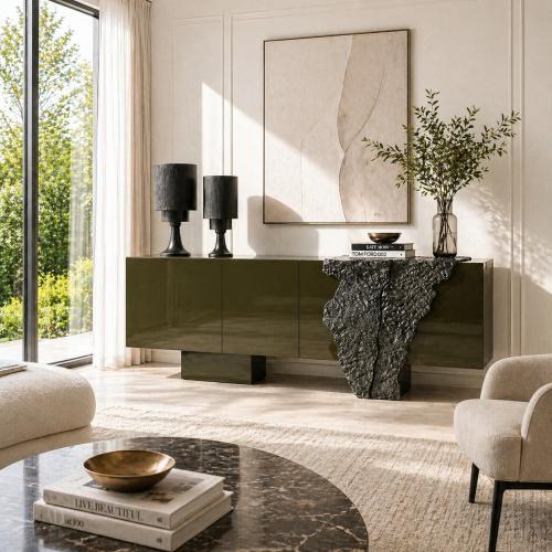 Olive Green Glossy Elegant Modern Luxury Sideboard in Lacquer with Charcoal Panel by Luxury Group International