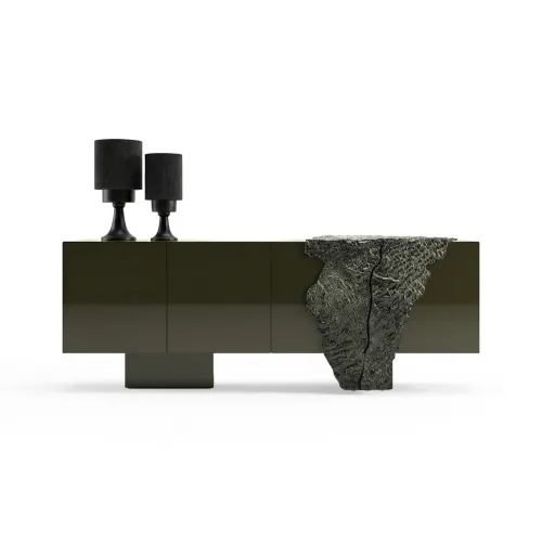 Olive Green Glossy Elegant Modern Luxury Sideboard in Lacquer with Charcoal Panel by Luxury Group International