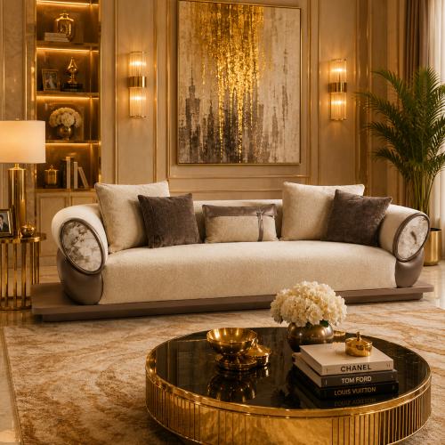 Canapé Moderne Élégant de Luxe en Tissu Mat Beige Crème avec Table Basse par Luxury Group International