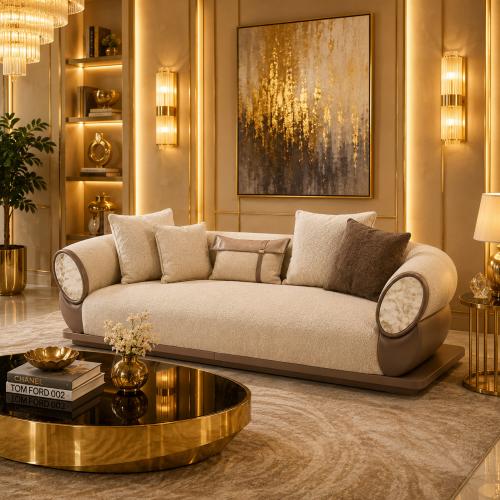 Canapé Moderne Élégant en Tissu Mat Beige Crème avec Accoudoirs Courbés par Luxury Group International