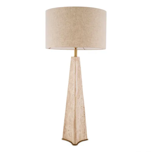 Lampada da Tavolo Moderna di Lusso in Finitura Ottone Antico Beige con Base in Travertino di Luxury Group International