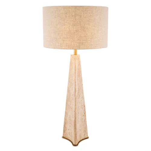 Lampada da Tavolo Moderna di Lusso in Finitura Ottone Antico Beige con Base in Travertino di Luxury Group International