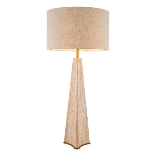 Lampada da Tavolo Moderna di Lusso in Finitura Ottone Antico Beige con Base in Travertino di Luxury Group International