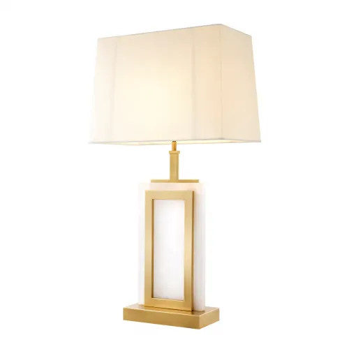 Lampada da Tavolo Elegante Moderna Bianca di Lusso in Ottone Opaco Dorato con Cornice Rettangolare in Alabastro di Luxury Group International
