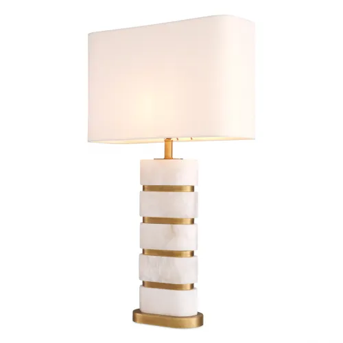 Elegante lampada da tavolo moderna di lusso in marmo bianco avorio con paralume a tamburo e fasce in ottone di Luxury Group International