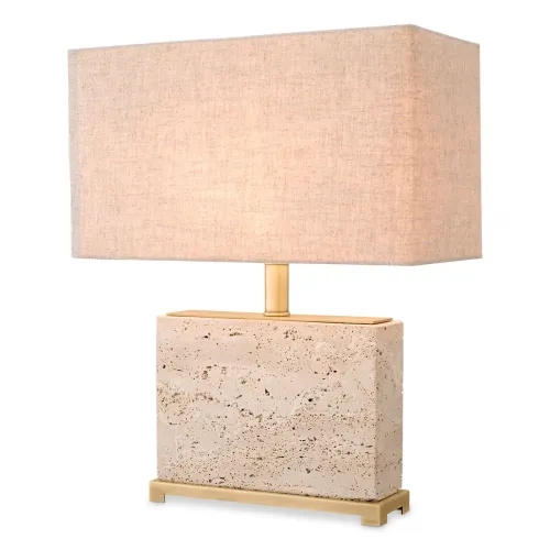 Lampada Moderna Elegante di Lusso in Travertino Beige con Ottone Anticato e Paralume in Lino di Luxury Group International
