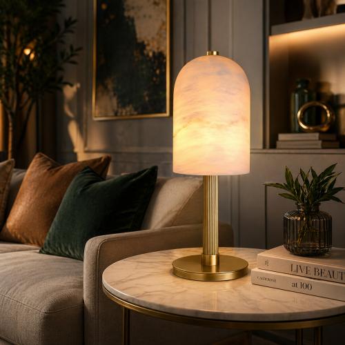 Lampada Moderna di Lusso in Marmo Bianco con Finitura Ottone Antico e Paralume a Cupola Opalina di Luxury Group International