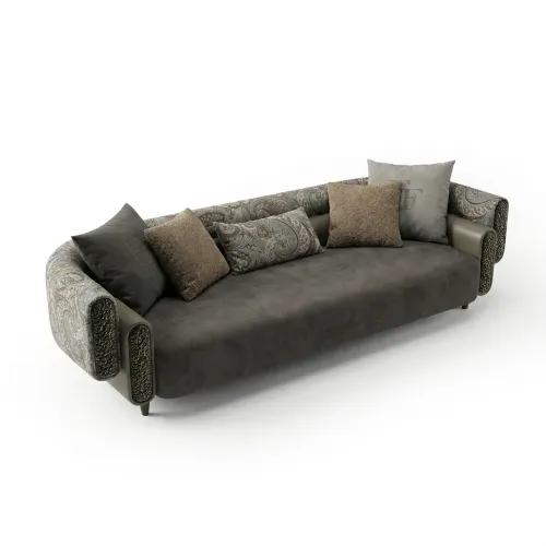 Elegant Luxury Sofa in Brown & Beige Charcoal Matte Fabric with Paisley Arms by Luxury Group International