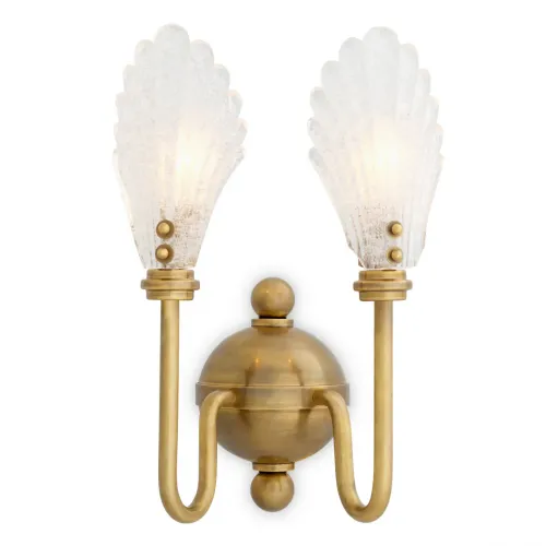 Elegante lámpara de pared de lujo con diseño de concha marina de vidrio hecha a mano y acabado vintage en latón, 2 luces por Luxury Group International