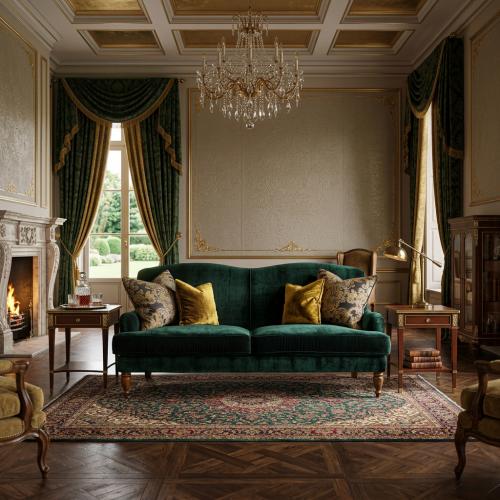 Sofá de Lujo de Terciopelo Verde Esmeralda de 3 Plazas con Respaldo Curvo y Patas de Madera Torneada Vista lifestyle por Luxury Group International