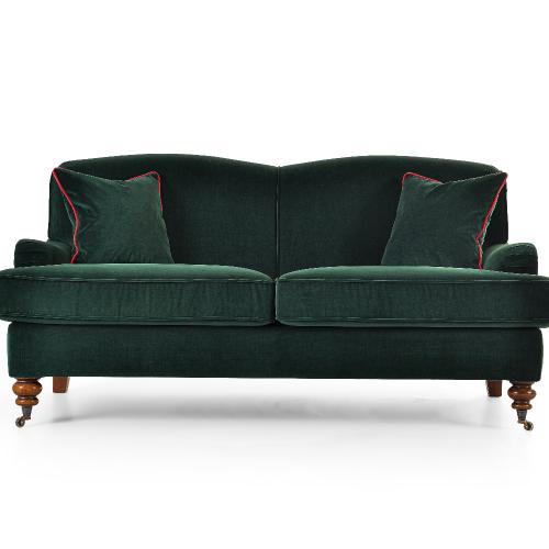 Divano di Lusso a Due Posti in Velluto Verde Smeraldo con Ruote in Ottone - Mobili per Soggiorno Vista frontale di Luxury Group International