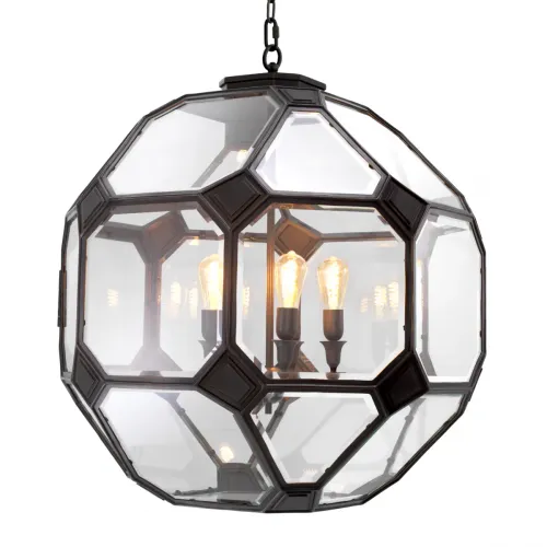 Geometrischer schwarzer Penta-Globus Kronleuchter aus klarem Glas mit 5 Innenlampen von Luxury Group International