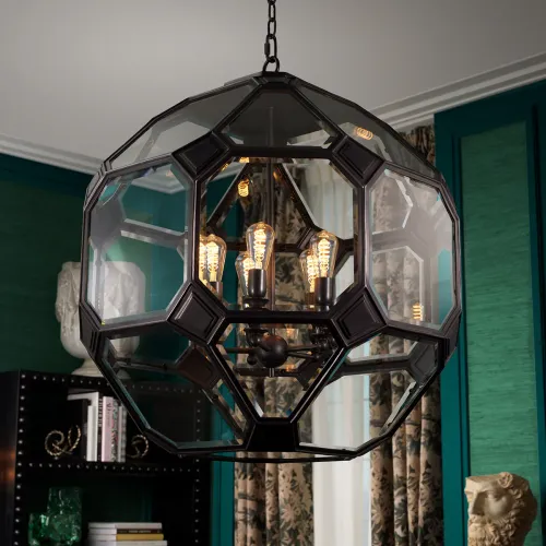 Geometrischer schwarzer Penta-Globus Kronleuchter aus klarem Glas mit 5 Innenlampen von Luxury Group International