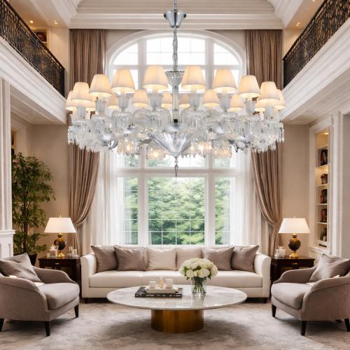 Glamorous Classic 24 Lights Chandelier in Clear Chrome Metal with Crystal Fringe by Luxury Group International