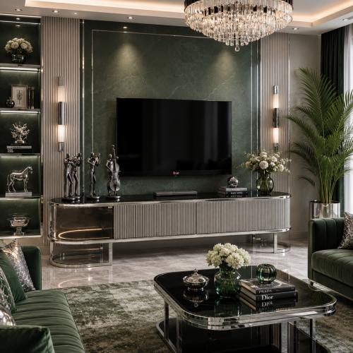 Mueble para TV Moderno de Lujo con Diseño Acanalado Plateado y Tapa de Cristal por Luxury Group International