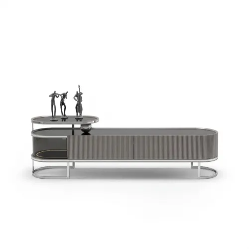 Mueble para TV Moderno de Lujo con Diseño Acanalado Plateado y Tapa de Cristal por Luxury Group International