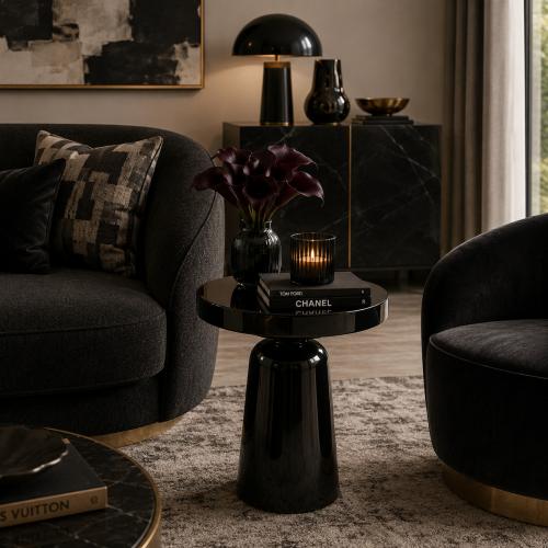 Mesa auxiliar con pedestal y tapa redonda cónica en negro brillante por Luxury Group International