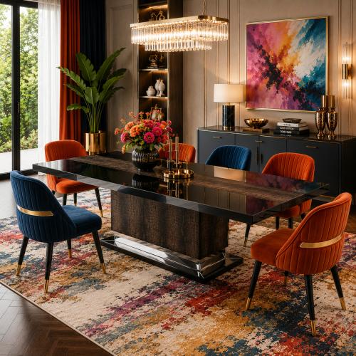 Mesa de Comedor de Madera de Lujo Rectangular con Tapa Negra Brillante por Luxury Group International