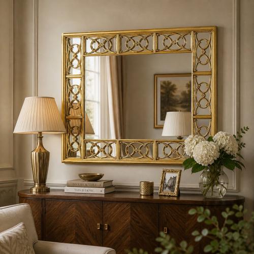 Goldener Barock Luxus Wandspiegel mit geometrischem Rahmen aus offenen Paneelen – Barockspiegel Lifestyle-Ansicht von Luxury Group International