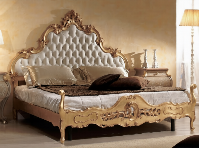 Gold Baroque Ornate Luxury Double Bed with White Button-Tufted Headboard & Open Carved Pierced Footboard Front View by Luxury Group International