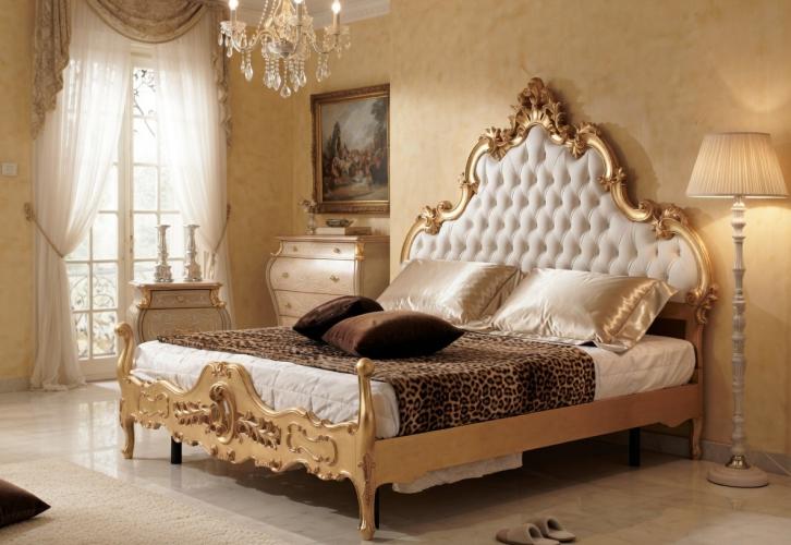 Gold Baroque Ornate Luxury Double Bed with White Button-Tufted Headboard & Open Carved Pierced Footboard Lifestyle View by Luxury Group International