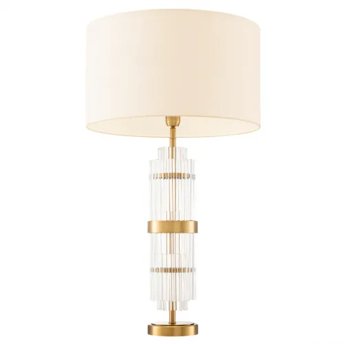 Lampada da Tavolo di Lusso con Paralume Rotondo in Tessuto Crema e Vetro Trasparente Dorato di Luxury Group International