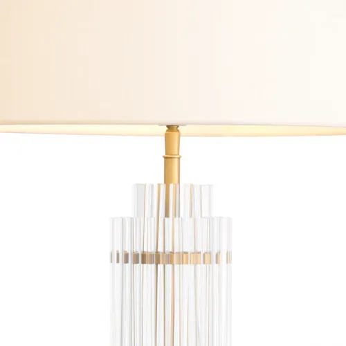 Lampada da Tavolo di Lusso con Paralume Rotondo in Tessuto Crema e Vetro Trasparente Dorato di Luxury Group International