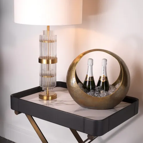 Lampada da Tavolo di Lusso con Paralume Rotondo in Tessuto Crema e Vetro Trasparente Dorato di Luxury Group International